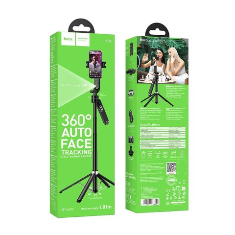 Selfie stick Hoco tripod z pilotem bezprzewodowym obrotowy 360 stopni z automatycznym śledzeniem twarzy K32 czarny