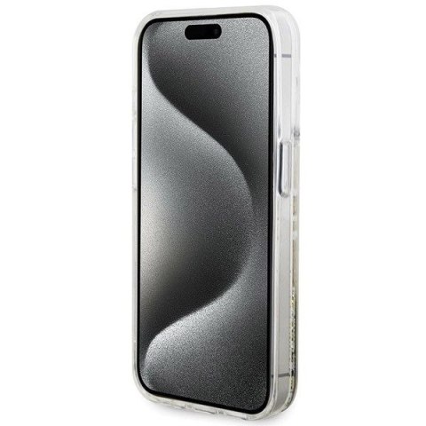 GUESS futerał do IPHONE 15 Pro GUHCP15LLFCSEGT (Liquid Glitter Gold Stripes) transparentny