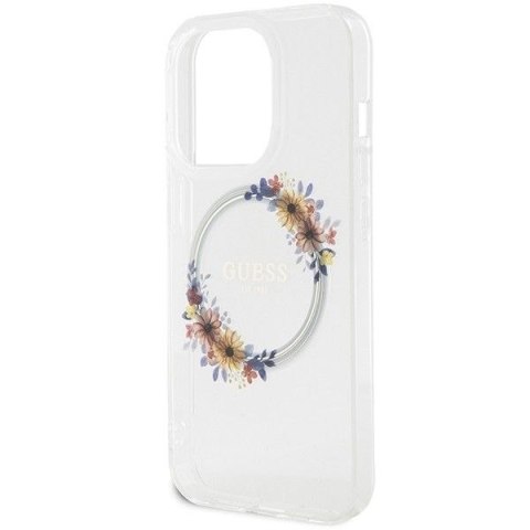 GUESS futerał do IPHONE 15 Pro Max kompatybilny z MagSafe GUHMP15XHFWFCT (Flowers Wreath) transparentny