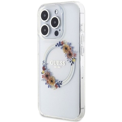 GUESS futerał do IPHONE 15 Pro kompatybilny z MagSafe GUHMP15LHFWFCT (Flowers Wreath) transparentny