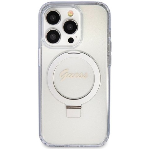 GUESS futerał do IPHONE 15 Pro kompatybilny z MagSafe GUHMP15LHRSGSD (Glitter Script Logo Ring stand) transparentny