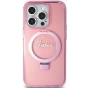 GUESS futerał do IPHONE 15 Pro kompatybilny z MagSafe GUHMP15LHRSGSP (Glitter Script Logo Ring stand) różowy