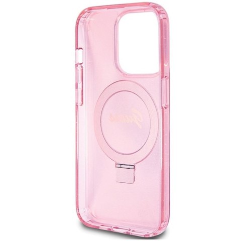 GUESS futerał do IPHONE 15 Pro kompatybilny z MagSafe GUHMP15LHRSGSP (Glitter Script Logo Ring stand) różowy