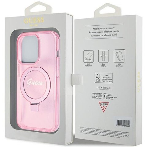 GUESS futerał do IPHONE 15 Pro kompatybilny z MagSafe GUHMP15LHRSGSP (Glitter Script Logo Ring stand) różowy