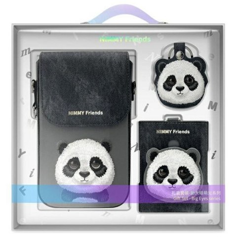 Etui na telefon portfel torebka zewstaw 3w1 Nimmy Big Eyed Pet 2.0 panda czarne
