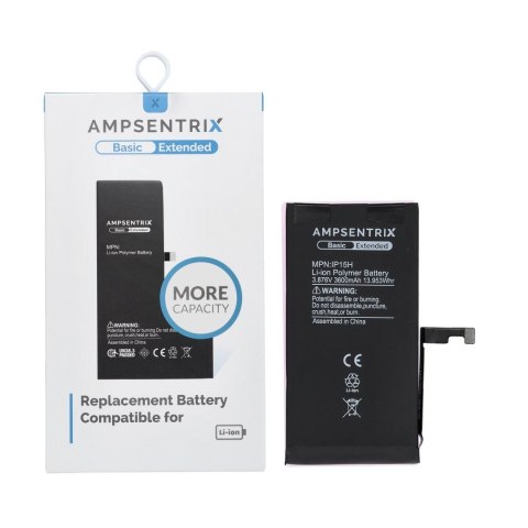 AmpSentrix Basic bateria do iPhone 15 (zwiększona pojemność 3600 mAh)