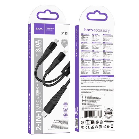 Kabel 2w1 USB C do USB C+Lightnig Hoco 1 m X123 czarny