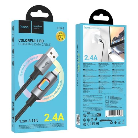 Kabel USB z diodami LED USB A do Lightning Hoco 2,4A 1,2 m U144 czarny