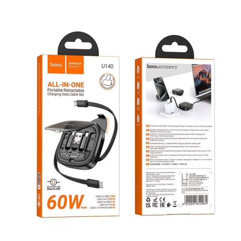 Kabel All-in-one Hoco PD 3A 60W 0,95 m zwijany w zestawie z wymiennymi końcówkami U140 czarny