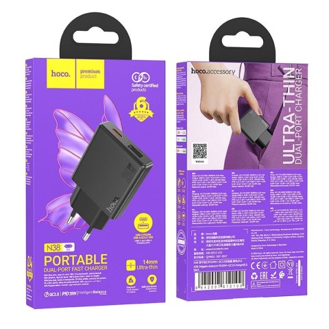 Ładowarka sieciowa do telefonu Hoco Slim USB A + USB C QC3.0 PD 3A 20W N38 czarna