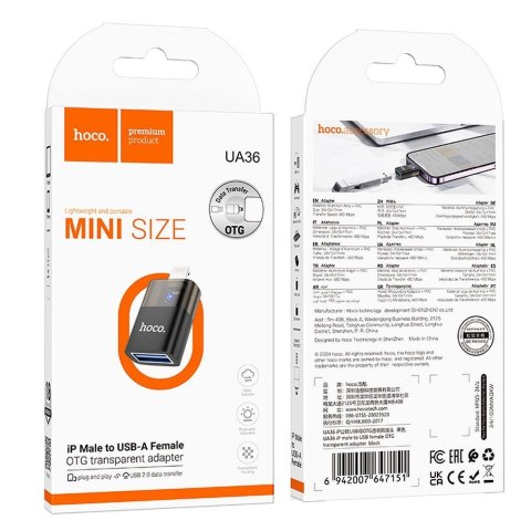 Adapter OTG Lightning do USB A Hoco UA36 czarny transparentny
