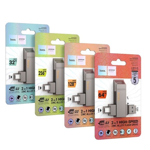 Pendrive 64GB USB 3.2 (USB A + USB C) Hoco UD15 szary