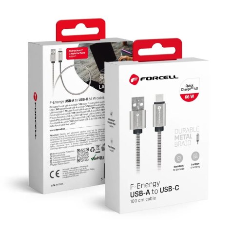 Kabel USB A do USB C Forcell F-Energy QC4.0 3A 66W Metal 1 m C234 srebrny