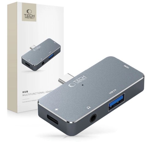 HUB Tech-Protect V6 4w1 USB-C - USB-A 3.0 / USB-C PD100W / HDMI / mini jack 3.5mm - szary