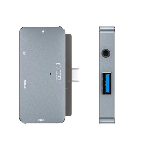 HUB Tech-Protect V6 4w1 USB-C - USB-A 3.0 / USB-C PD100W / HDMI / mini jack 3.5mm - szary