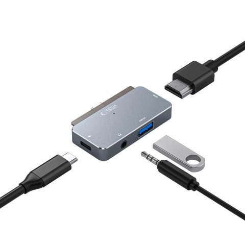 HUB Tech-Protect V6 4w1 USB-C - USB-A 3.0 / USB-C PD100W / HDMI / mini jack 3.5mm - szary