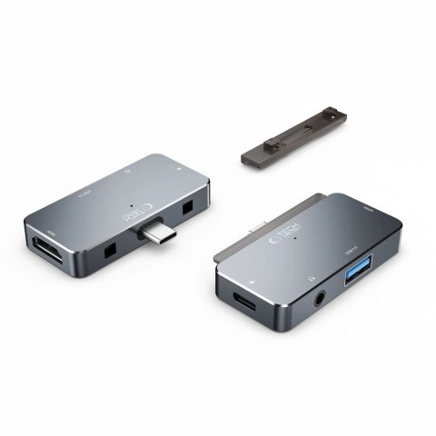 HUB Tech-Protect V6 4w1 USB-C - USB-A 3.0 / USB-C PD100W / HDMI / mini jack 3.5mm - szary