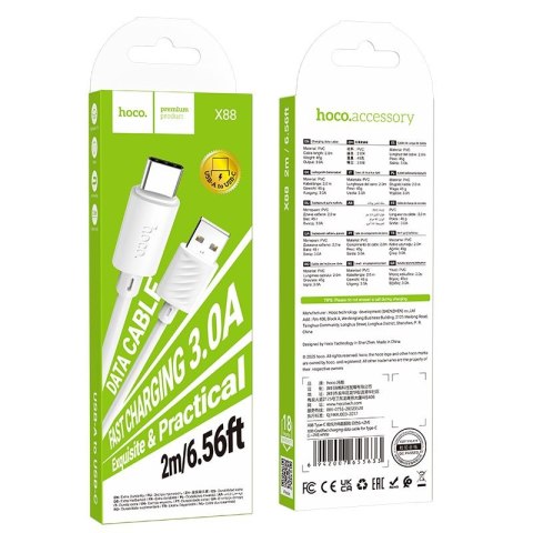 Kabel USB A do USB C Hoco 3A 2 m X88 biały