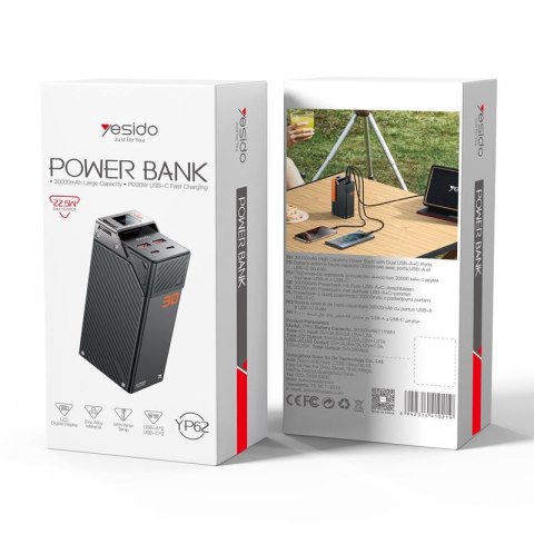 Yesido Powerbank YP62 30 000 mAh 22.5W LED, 2xUSB-A + 2xUSB-C, BLACK / CZARNY