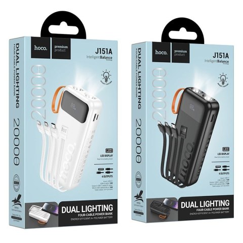 Powerbank Hoco 20000 mAh 2A z wbudowanymi kablami USB A + USB C + Lightning + Micro USB oraz podwójną latarką J151A czarny