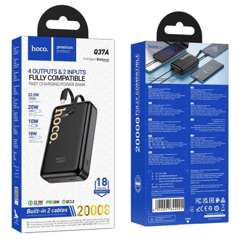 Powerbank Hoco 20000 mAh QC PD 22,5W z wbudowanymi kablami USB C + Lightning Q37A czarny
