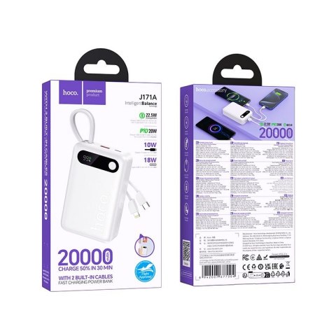 Powerbank Hoco 20000 mAh QC PD 2A 22,5W z wbudowanymi kablami USB C + Lightning J171A biały