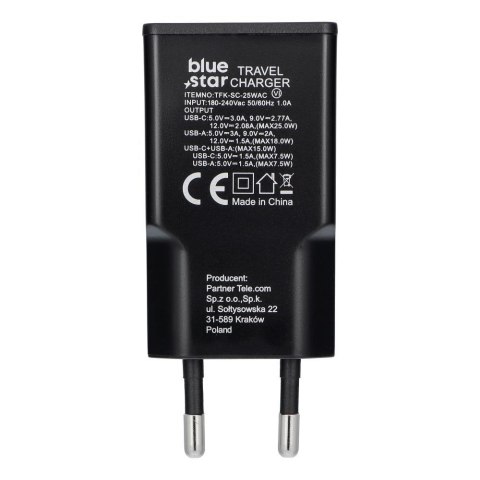 Ładowarka sieciowa do telefonu Blue Star Slim GaN USB C + USB A QC4.0 PD 3A 25W TFK-SC-25WAC czarna