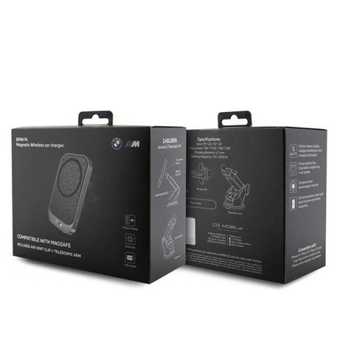 Uchwyt na telefon do samochodu indukcyjny BMW zgodny z MagSafe 15W do szyby / deski / kratki M Edition BMMWCCMPGPK czarny