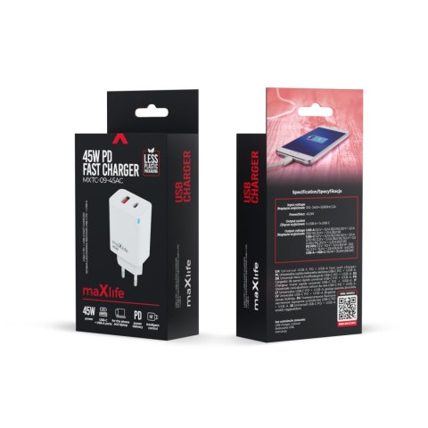 Maxlife ładowarka sieciowa GaN PD QC MXTC-09-45AC 1x USB-C 1x USB 45W biała