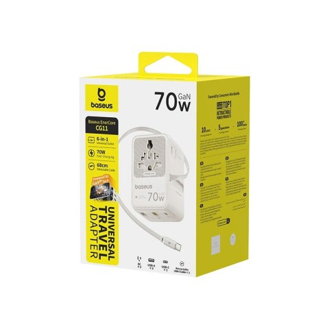 Adapter podróżny Baseus EnerCore CG11 70W 6w1 ze zwijanym kablem USB-C - biały