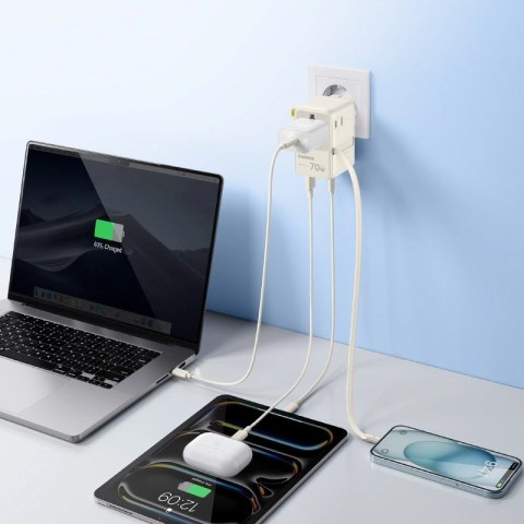 Adapter podróżny Baseus EnerCore CG11 70W 6w1 ze zwijanym kablem USB-C - biały