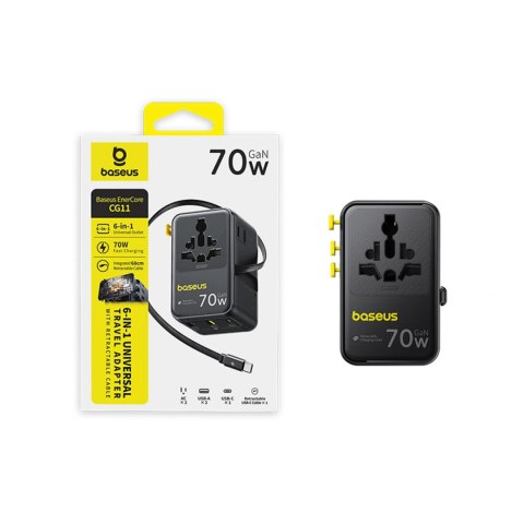 Adapter podróżny Baseus EnerCore CG11 70W 6w1 ze zwijanym kablem USB-C - czarny