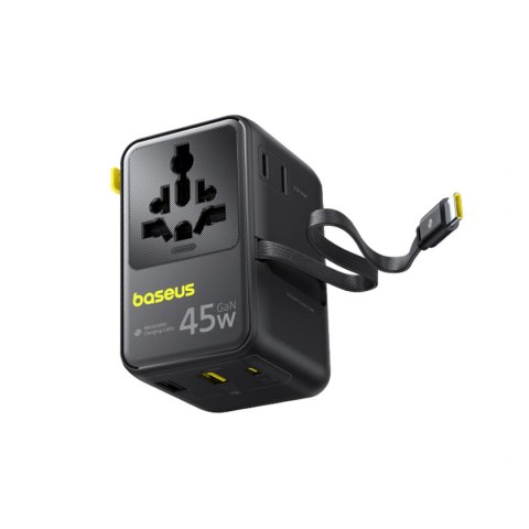 Adapter podróżny Baseus PicoGo AG11 45W 6w1 ze zwijanym kablem USB-C - czarny
