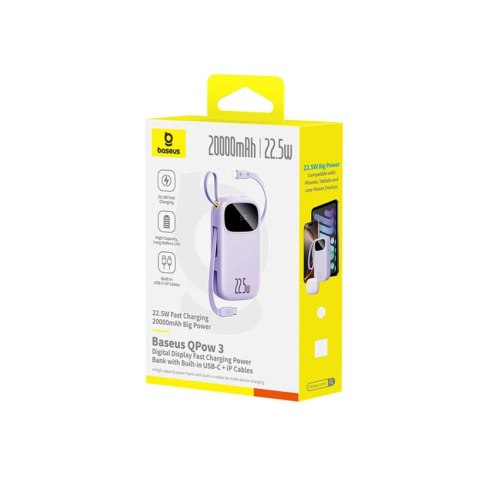 Baseus Qpow3 power bank z wyświetlaczem 22.5W 20000mAh fiolet nebularny