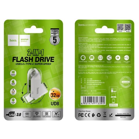 Pendrive 32GB USB 3.0 (USB A + USB C) Hoco UD8 nikiel