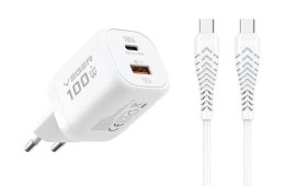 Ładowarka sieciowa do telefonu VEGER USB A + Typ C PD Super Charge PPS 100W + kabel Typ C do C 240W TR150 biała