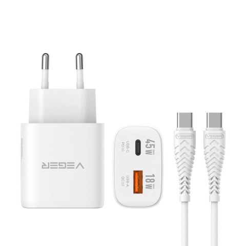 Ładowarka sieciowa do telefonu VEGER USB A + Typ C PD Super Charge PPS 45W + kabel Typ C do C 100W TR101 biała