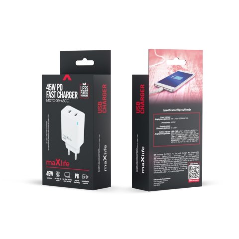 Maxlife ładowarka sieciowa GaN PD QC MXTC-09-45CC 2x USB-C 45W biała