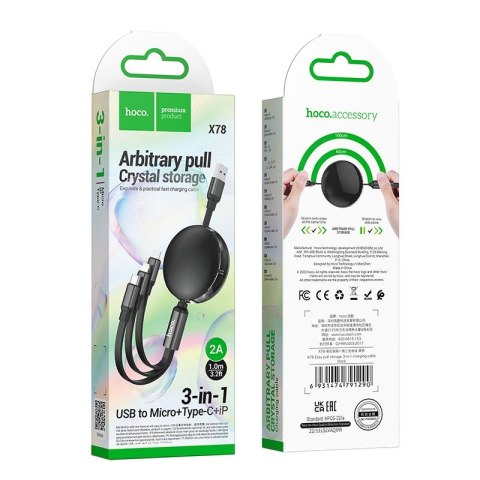Kabel 3w1 USB A do Lightnig / Micro USB / USB C Hoco 2A 1 m X78 czarny