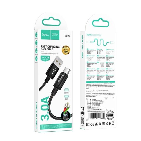 Kabel USB A do USB C Hoco 3A 2 m X89 czarny