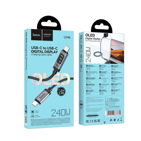 Kabel USB C do USB C Hoco PD 6A 240W 1,2m z wyświetlaczem U148 czarny