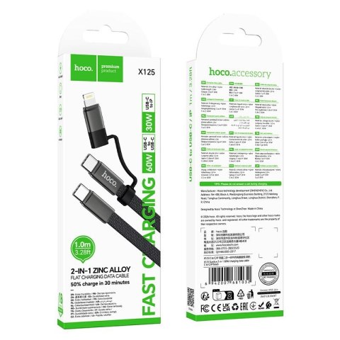 Kabel USB C do USB C/iP Hoco 3A 60W płaski 1 m X125 czarny
