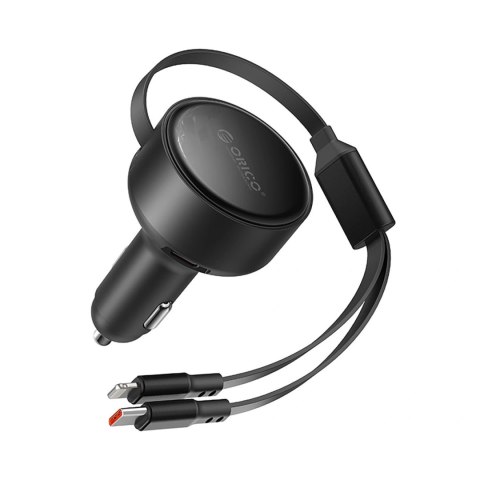 Ładowarka samochodowa Orico Dual Stretch 60 W USB-C z dwoma zwijanymi kablami USB-C + Lightning - czarna