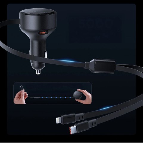 Ładowarka samochodowa Orico Dual Stretch 60 W USB-C z dwoma zwijanymi kablami USB-C + Lightning - czarna