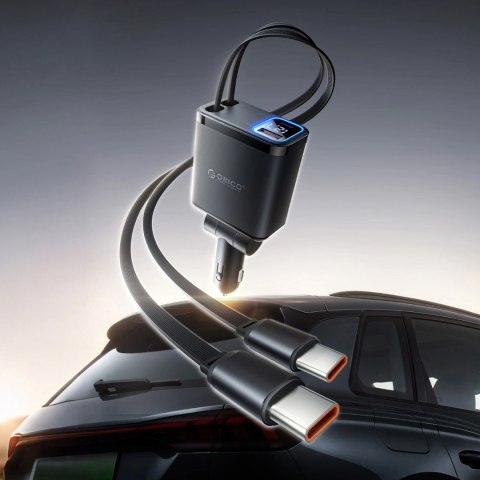 Ładowarka samochodowa Orico Twin Reach 45W USB-A + USB-C z dwoma zwijanymi kablami USB-C - czarna