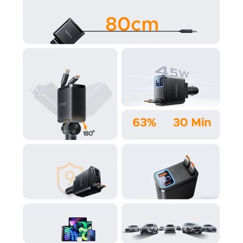 Ładowarka samochodowa Orico Twin Reach 45W USB-A + USB-C z dwoma zwijanymi kablami USB-C - czarna