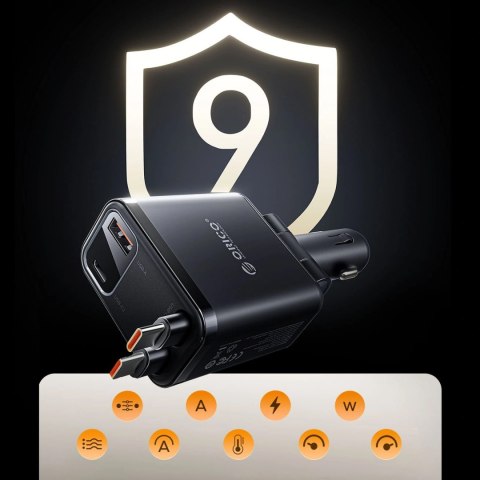 Ładowarka samochodowa Orico Twin Reach 45W USB-A + USB-C z dwoma zwijanymi kablami USB-C - czarna