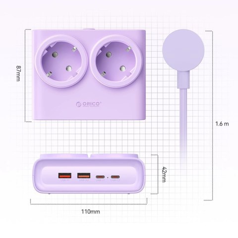 Listwa zasilająca Orico PDC25 25W 6w1 2x AC + 2x USB-A + 2x USB-C - fioletowa