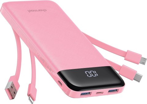 Powerbank 5V 3A 10000 mAh z wbudowanymi kablami USB A / USB C / Lightning / Micro USB Charmast W1148 różowy OINT