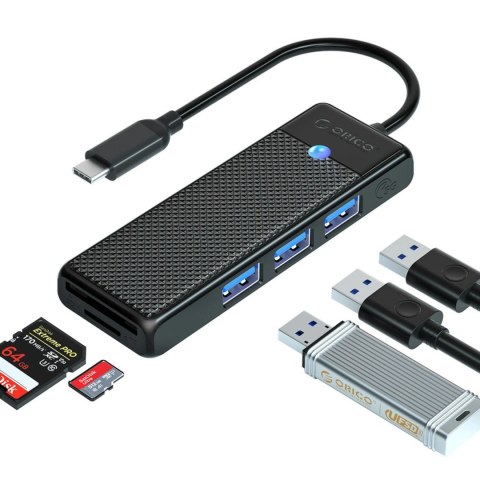 Hub USB Orico PAPW3AT-C3 4-portowy 3x USB-A 3.0 z czytnikiem kart microSD/SD 0,15 m - czarny